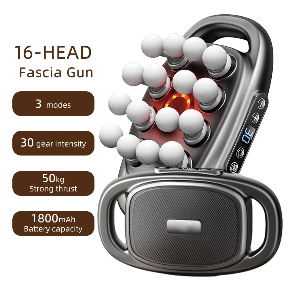 Pistola de masaje de fascia de 16 cabezales, masajeador corporal con vibración de alta frecuencia, masajeador de espalda y cintura, masajeador de cuello y hombros, masajeador muscular.