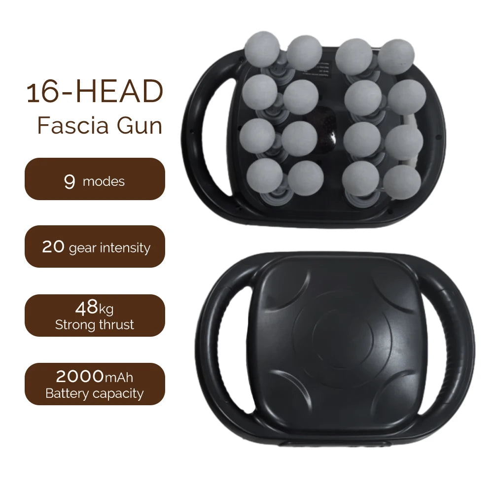 Pistola de masaje de fascia de 16 cabezales, masajeador corporal con vibración de alta frecuencia, masajeador de espalda y cintura, masajeador de cuello y hombros, masajeador muscular.