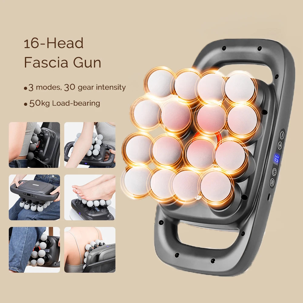 Pistola de masaje de fascia de 16 cabezales, masajeador corporal con vibración de alta frecuencia, masajeador de espalda y cintura, masajeador de cuello y hombros, masajeador muscular.