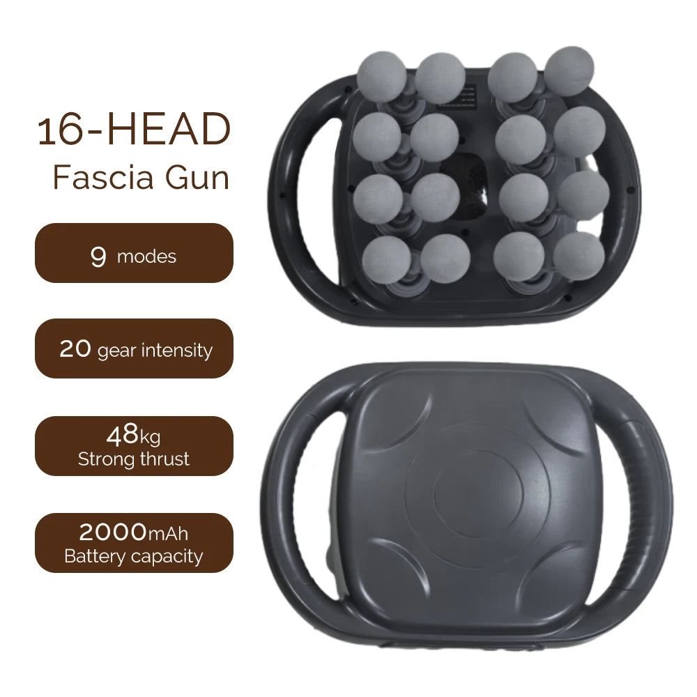 Pistola de masaje de fascia de 16 cabezales, masajeador corporal con vibración de alta frecuencia, masajeador de espalda y cintura, masajeador de cuello y hombros, masajeador muscular.