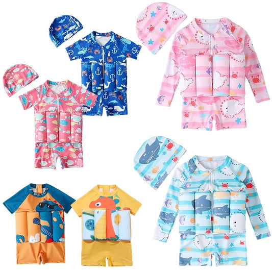 Traje de baño de una pieza con flotabilidad para niños, protección contra erupciones, estampado de dibujos animados, para niñas y niños.
