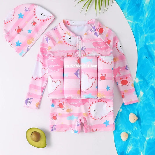 Traje de baño de una pieza con flotabilidad para niños, protección contra erupciones, estampado de dibujos animados, para niñas y niños.