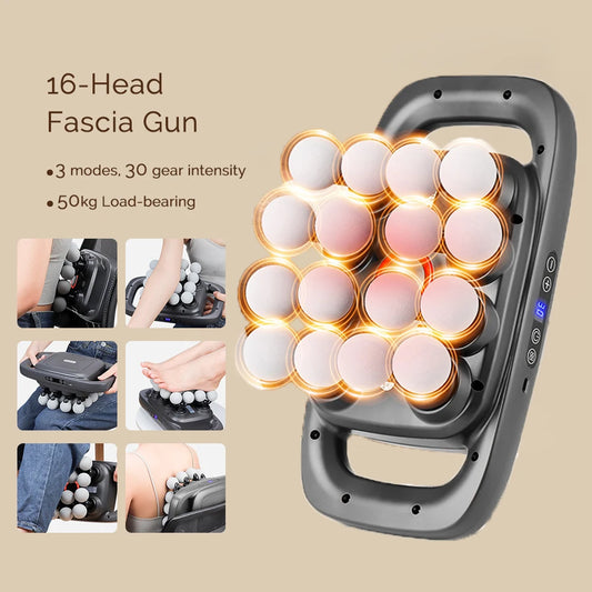 Pistola de masaje de fascia de 16 cabezales, masajeador corporal con vibración de alta frecuencia, masajeador de espalda y cintura, masajeador de cuello y hombros, masajeador muscular.
